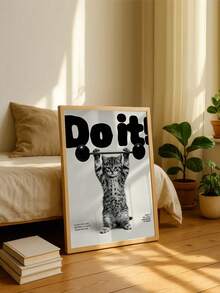1pc Frameless Wall Poster,Cat Gym Poster - Kitten Lifting Weights Motivational Print, Funny Workout Home Gym Wall Art - Text a - View 2