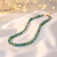 American Minimalist Niche Natural Stone Handmade Beaded Knotted Necklace, 3D Faceted Clavicle Chain Choker - Turquoise - View 9