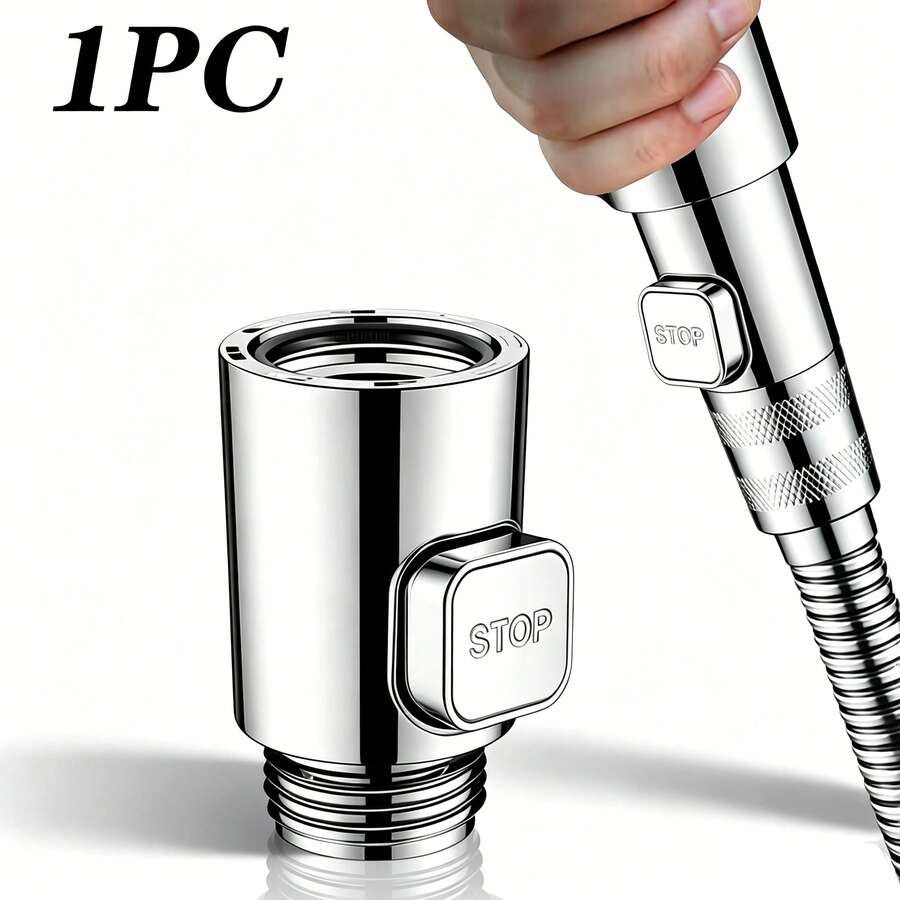 1pc Shower Head Shut-Off Valve, Single-Hand Operation Water Stop Switch, Universal Flow Control Adapter For Bathroom Shower Hose, Plated Surface - Stop Valve - View 1