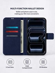 VRNOEI Multifunctional Black PU Wallet Phone Case, Compatible With IPhone 11 12 13 14 15 16 17 Pro Max, Suitable For Daily Use; Flip Wallet Phone Case, Can Hold Credit Cards - Dark Blue - View 7