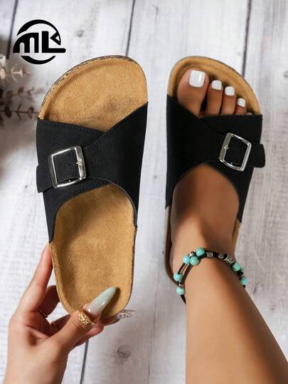 2026 Spring/Summer New Women's Slip-On Sandals, Metal Buckle Decor, Suede Wooden Sole Mule Slippers, Vacation Style Women's Summer Shoes, Comfortable Women's Sandals, Casual Women's Slip-On Sandals, Fashionable Cute Women's Flat Sandals, Women's Vacation Sandals, Women's Beige Sandals, Women's White Sandals, Elegant Women's Sandals, Simple Comfortable Casual Flat Beach Shoes, Soft Sole Women's Plus Size Beach Sandals With Arch Support