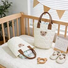 Quilted Heart-Shaped Bear Bucket Mommy Bag, Convenient Storage Bag For Daily Commute And Outings, Lightweight Soft And Comfortable, Suitable For Carrying Baby Diapers - Multicolor - View 7