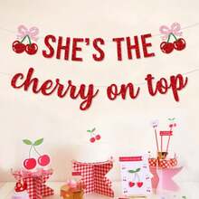 1 Set "She's The Best" Banner Decoration, Red Cherry And Pink Bow, Cute Cherry Theme Birthday Party Baby Shower Backdrop Decor - Red - View 2