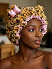 Women Cute Leopard Bear Ear Satin Lined Sleep Bonnet, Soft Plush Hair Wrap Cap For Curly Natural Hair Night Care - Multicolor 1pc - View 5