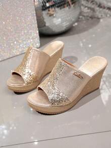 Women's Summer Champagne Gold Sequin Patchwork Wedge Platform Sandals, Thick Sole Height-Increasing Waterproof Wedge High Heel Slip-On Slides - Champagne - View 2