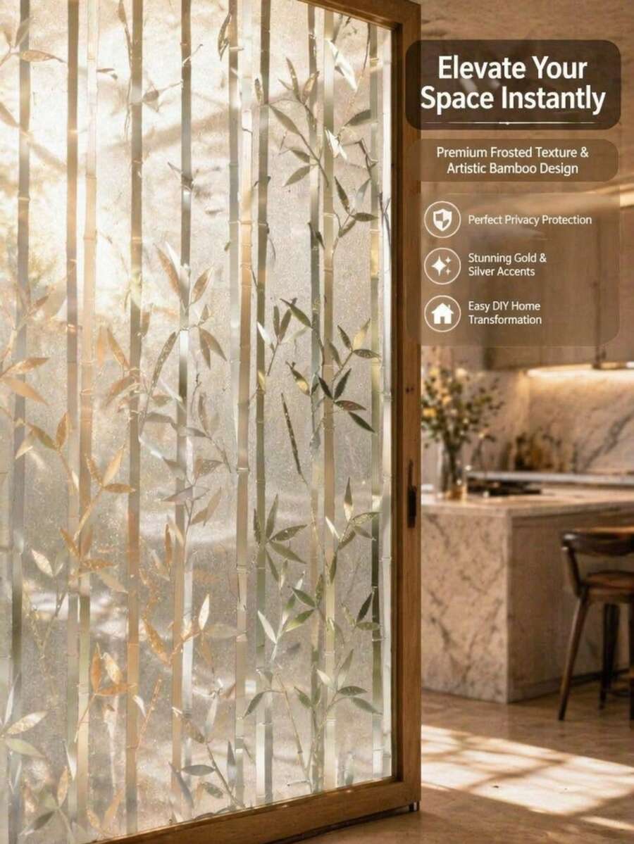 Window Privacy Film Frosted Bamboo Pattern, Removable UV Blocking Stained Glass Decals Covering Decorative Window Cling For Home - 1PC - View 1