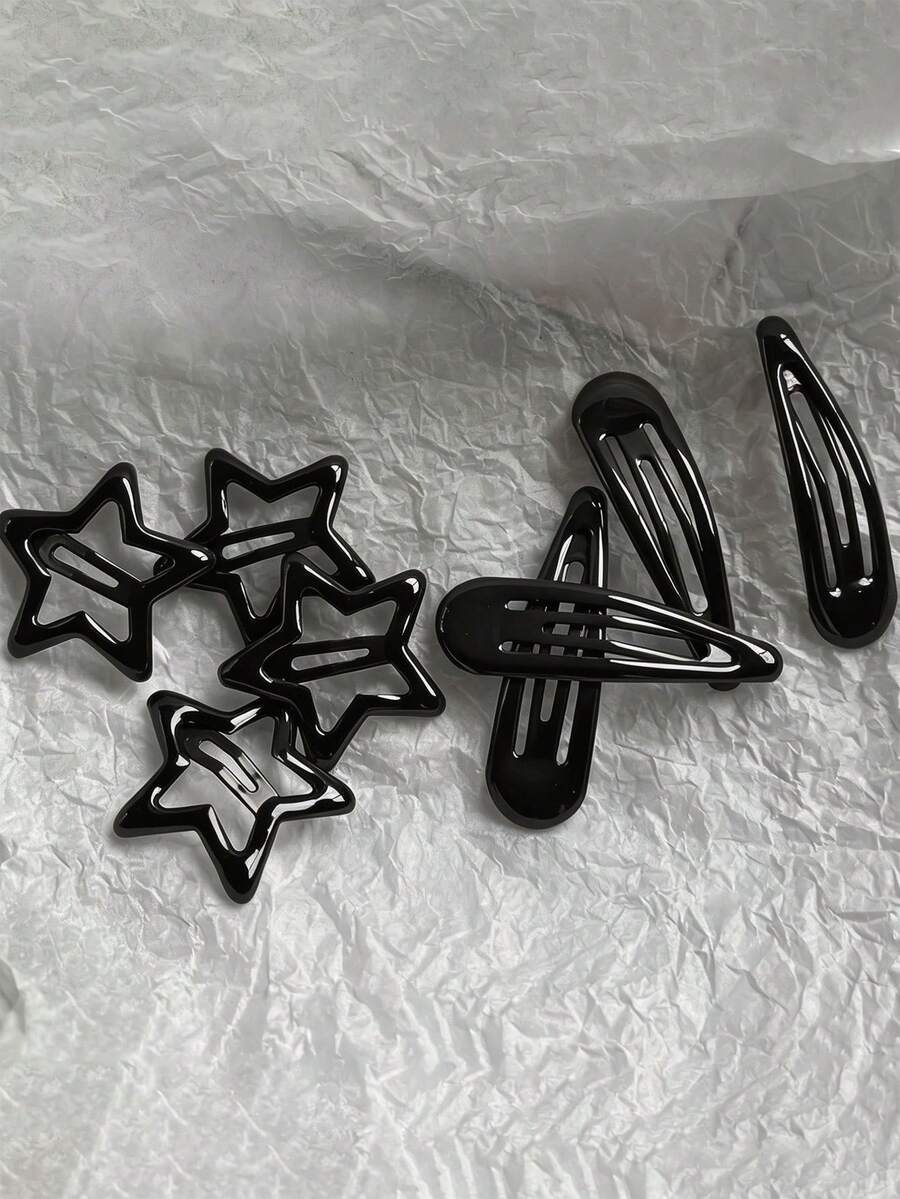 8 piezas de pinzas para el cabello de mujer estilo Y2K, color negro & colores caramelo, dulces, frescas, lindas, con forma de estrella & gota de agua, corazón de niña, efecto de goteo de aceite, coloridas, pequeñas, pinzas para el flequillo, pinzas laterales, accesorios para el cabello, pinzas versátiles de moda, adecuadas para uso diario, accesorios a juego, tocados, pinzas BB - Negro - Ver 1