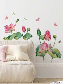1pc Fresh Watercolor Green Leaf Pink Lotus Dragonfly Wall Decor Sticker, Removable Room Decoration Wall Decal For Living Room, Entryway, Bathroom - 1PC - View 4