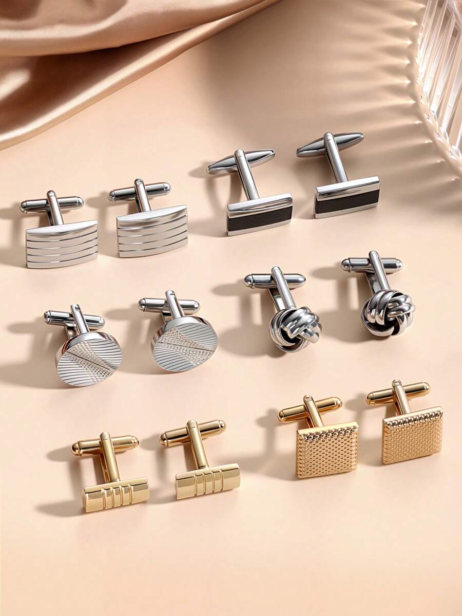 2/6 Pcs Men's Cufflinks Silver Black Cufflinks Premium Steel Jewelry Elegant And Classy Set Ideal For Wedding, Party, Ceremony - Multicolor - View 1
