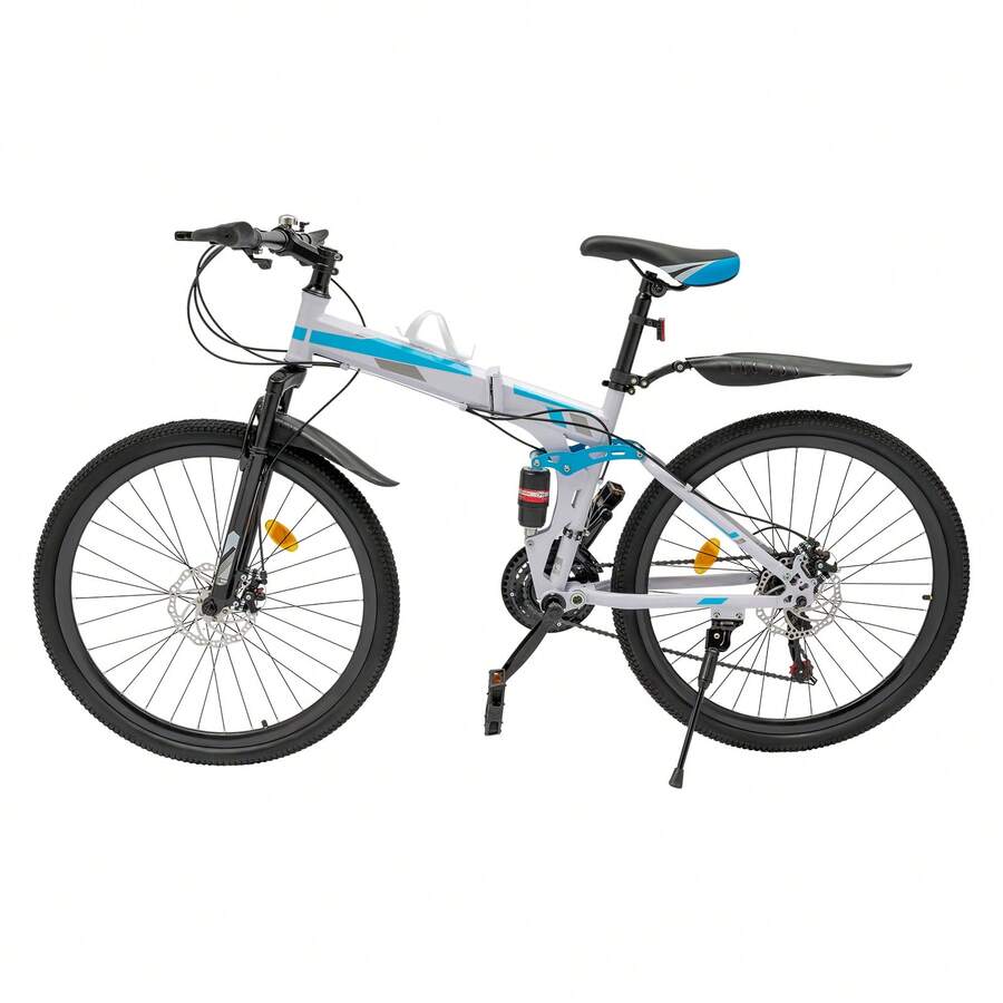 Foldable Mountain Bike, 21 Speed Mountain Bike, Mountain Bike For Youth Adult - Blue & White - View 1