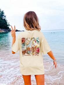 2026 Bestseller Women Summer Minimalist T-Shirt Casual Beach Vacation Print Wave Pattern Round Neck Short Sleeve Versatile Top - Apricot - View 1