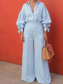 Women's Light Blue Linen Blend 2 Pieces Set, Puff Sleeve Blouse And Wide Leg Pants, Suitable For Elegant Guest Look - Baby Blue - View 2