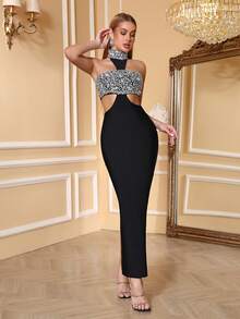 Love Aing Vestido de noche sexy negro para invitada de boda, cóctel, escenario, hecho a mano con pedrería, fiesta de cóctel, banquete, baile, fiesta, sin mangas, vacaciones - Negro - Ver 4