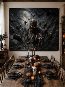 1pc Halloween Skeleton Swarm Backdrop, Full Moon, Flying Bats, Glowing Eyes And Reaching Bone Hand Print Polyester Rectangular Background Cloth With 4 Grommets For Porch, Photo Booth, Haunted House, Horror Party And Fall Decor - Multicolor - View 4
