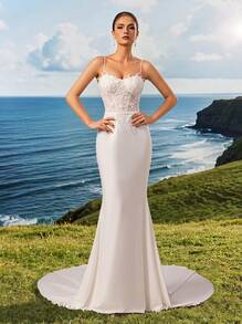 Elasola Elegant New Year Spaghetti Strap Beaded Sequin White Lace Evening Dress Wedding - White - View 2