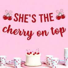 1 Set "She's The Best" Banner Decoration, Red Cherry And Pink Bow, Cute Cherry Theme Birthday Party Baby Shower Backdrop Decor - Red - View 6