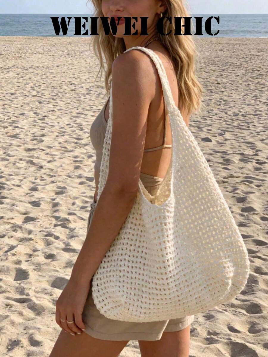 Breathable Mesh Crochet Shoulder Bag, Wide Integrated Strap Simple Solid Color Versatile Summer Seaside Carry Purse - Apricot - View 1