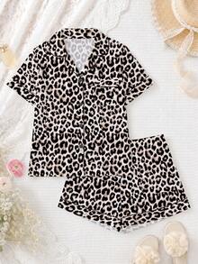 Set Piyama Wanita 2 Potong, Motif Leopard, Pakaian Santai Wanita, Pakaian Liburan Musim Semi/Panas, Atasan Lengan Pendek dan Celana Pendek - Emas - View 1