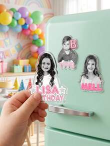 1pc Custom Photo And Text Birthday Fridge Magnet,Personalized Kids Portrait Refrigerator Sticker,Custom Happy Birthday Decor Cute Pink Magnet - Multicolor - View 4