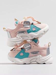 1 par de zapatillas deportivas gruesas con bloques de color rosa macaron y azul, zapatillas casuales transpirables de malla sin cordones, adecuadas para uso diario, deportes al aire libre, viajes, vacaciones, hogar, fiestas, nuevo estilo de primavera/otoño - Rosa - Ver 4