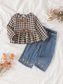 2pcs Baby Girl Vintage Casual 3D Bow Plaid Top & Floral Embroidered Tassel Trim Denim Faux Pocket Long Pants Set, Spring/Autumn - Coffee Brown - View 1