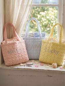 Personalized Quilted Tote Bag, Customized Embroidered Name Letter Tote Bag, Bridesmaid Wedding Welcome Gift, Letter Embroidered Shoulder Bag - Multicolor - View 6