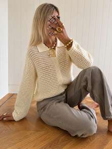 Women's Crochet Knitted Cardigan With Collar And Long Sleeves, Button Front Casual Fall Top - Apricot - View 3