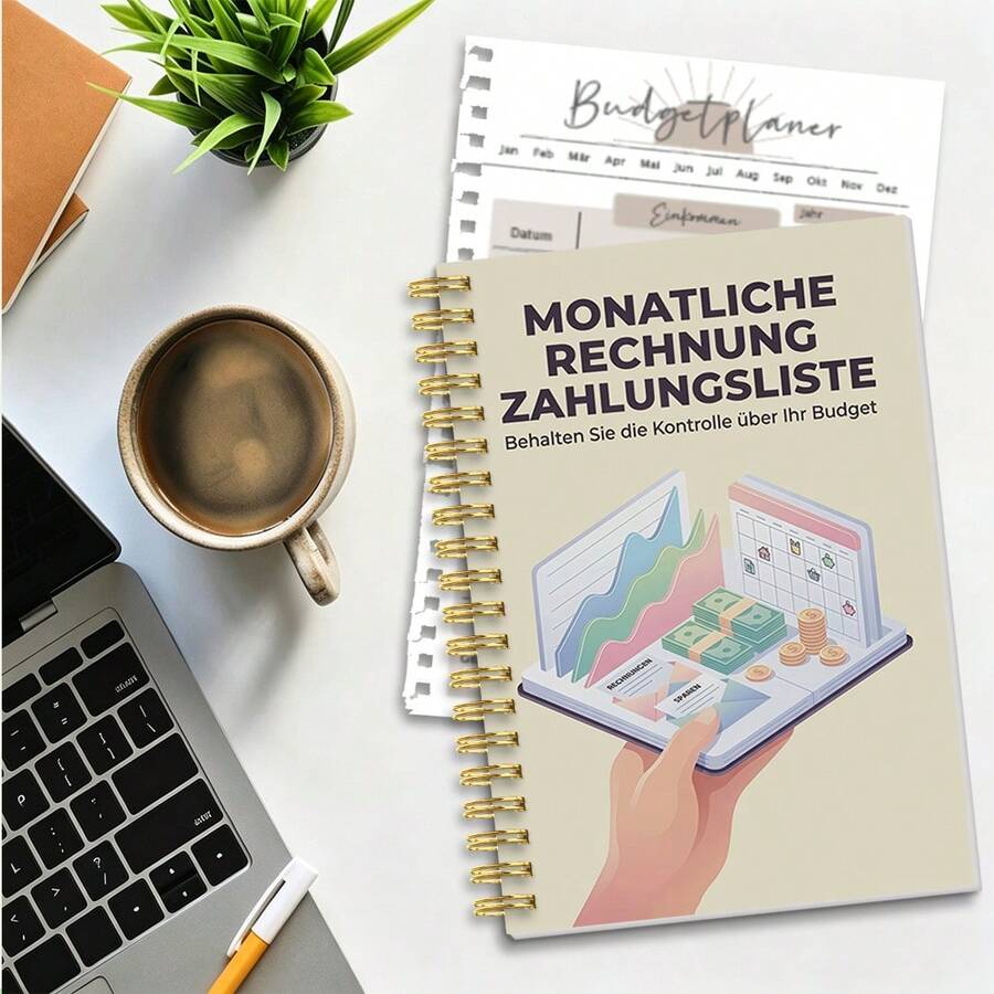 1本 A5 德文月度帳單付款追蹤螺旋筆記本「Monatliche Rechnung Zahlungsliste」家用預算管理簿,附財務圖表與金錢設計,輕巧支出與付款記錄簿,學校用品 - MIB-886 - 查看 1