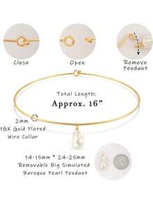 18K Gold Plated Cuff Choker Necklace For Women Chunky Wire Chain Collar Jewelry - Round Wire Baroque Pearl - View 4