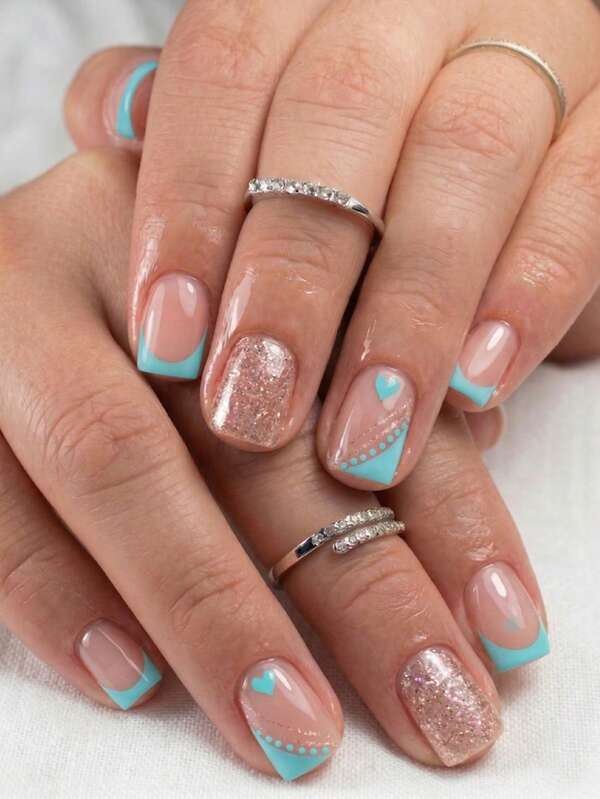 Elevate Your Style With 24pcs Cute French Short Square Shape French Tip Nails Glossy Nude Pink Mint Blue Glitter Heart Fake Nails Kit Full Cover False Nails For Daily Dating Office Home Party 1 File Strip Jelly Gel