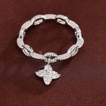1 pieza Anillo de mujer con diseño minimalista de cadena y estrella de cuatro puntas con circonita cúbica - Multicolor - Ver 1