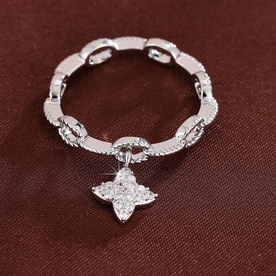 1 pieza Anillo de mujer con diseño minimalista de cadena y estrella de cuatro puntas con circonita cúbica - Multicolor - Ver 1