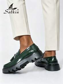 Salkin 新款英式設計男士粗齒底樂福鞋 流蘇厚底一腳蹬樂福鞋 平價品牌感舒適圓頭紳士正裝鞋 商務漆皮亮面鞋 素色鞋面 防滑耐磨增高厚底鞋 日常休閒男士情侶約會出遊百搭鞋 派對宴會婚禮新郎鞋 男士社交鞋 節日禮物 全季適用 - 墨綠色 - 查看 10