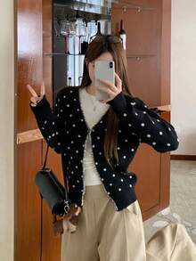 Fashionable Cute Polka Dot Long Sleeve Knit Cardigan - Black - View 5