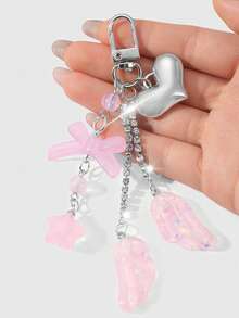 1pc Exquisite Sweet Pink Resin Bow Flower Bag Charm, Glitter Wing Keychain Pendant - Multicolor - View 6