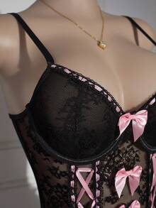 Ladies' Lingerie Set With Lace Patchwork In Three Pieces - Black - View 5