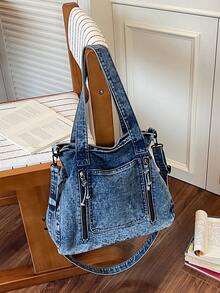 Tas Tote Jeans Cuci Kasual Chic Baru, Gaya Vintage, Kapasitas Besar, Tas Bahu Tunggal dengan Tali yang Dapat Dilepas dan Banyak Kantong, Tas Selempang - Biru - View 7