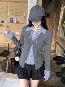 Women's 2 In 1 Cardigan, Plaid Patchwork, Tie Front And Long Sleeves - Grey - View 5