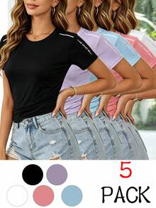 [5pcs]Women's New Quick-Dry Short Sleeve T-Shirts, Multi-Color Round Neck With Reflective Shoulder Stripes, Ice-Feel Breathable Mesh Fabric, High Elasticity Loose Fit Slimming, Commute, Jogging Fitness Essential, Versatile Solid Color T-Shirts Suitable For Daily Wear, Outdoor Hiking, Yoga Fitness, Practical Gift For Girlfriend, Best Friend, Mom - Multicolor - View 3