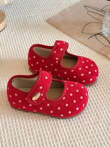 Four Seasons Vintage Matte Suede Mary Jane Princess Shoes For Girls, All-Over White Polka Dot Print + Metal Snap Design, Lightweight Soft Sole Anti-Slip Low Vamp Shoes For Baby Girls' New Year Outfits - Red - View 3