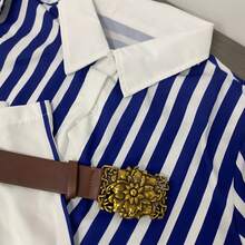 Women's Striped Co-Ord Set Business Casual Woman, Long Sleeve Top & Belted Wide-Leg Pants, Elegant Outfit For Business & Daily Wear (Belt Included) - Blue - View 6