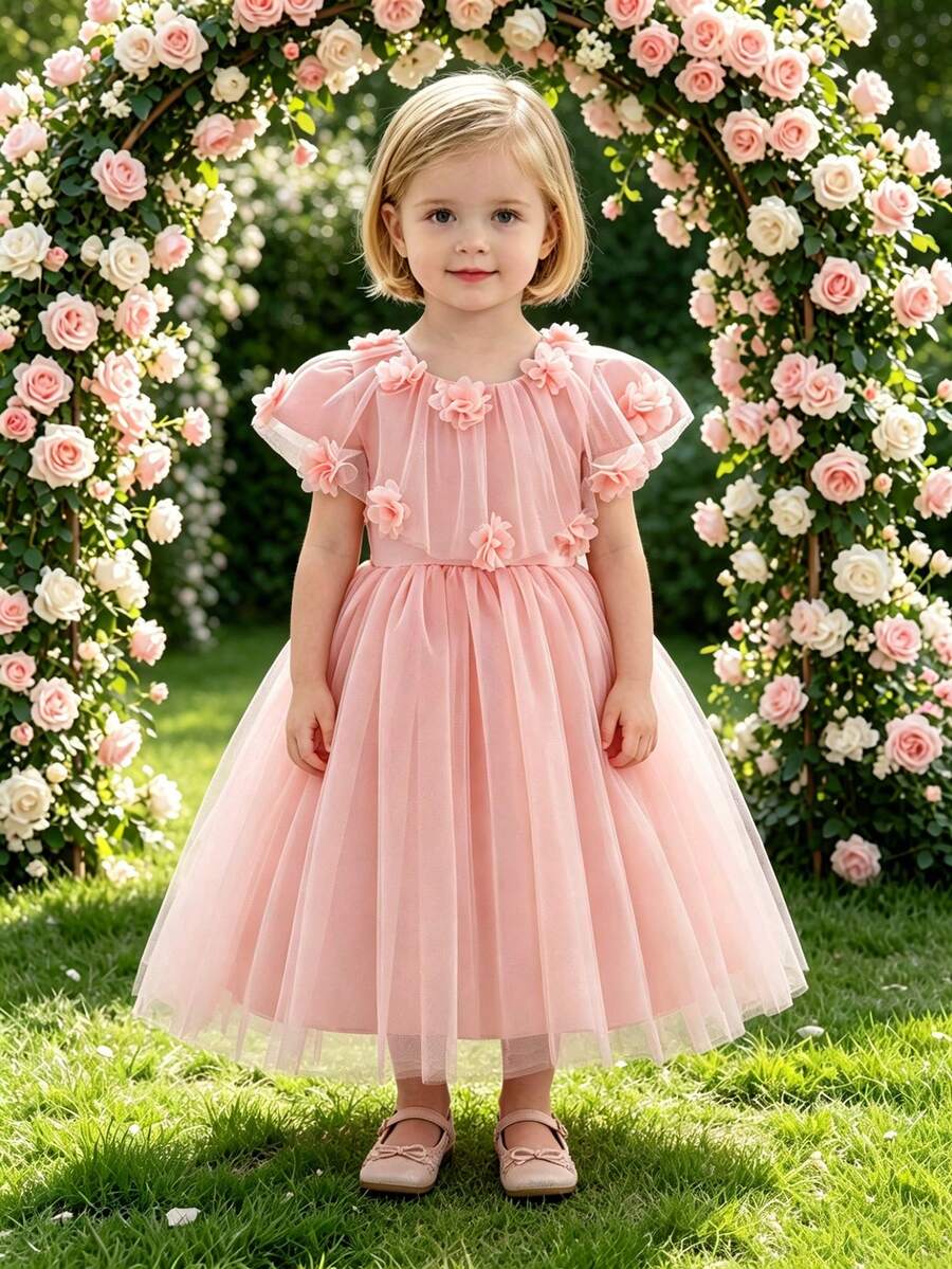 Baby Girl Princess Tulle Dress, 3D Floral Design, Suitable For Flower Girl, Wedding, Performance And Other Occasions - Pink - View 1