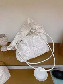 日韓小眾設計 INS 風格 通勤休閒 日常購物 浪漫度假風 3D 壓紋蕾絲刺繡帆布包 柔軟米色 女款斜跨單肩包 - 白色 - 查看 7