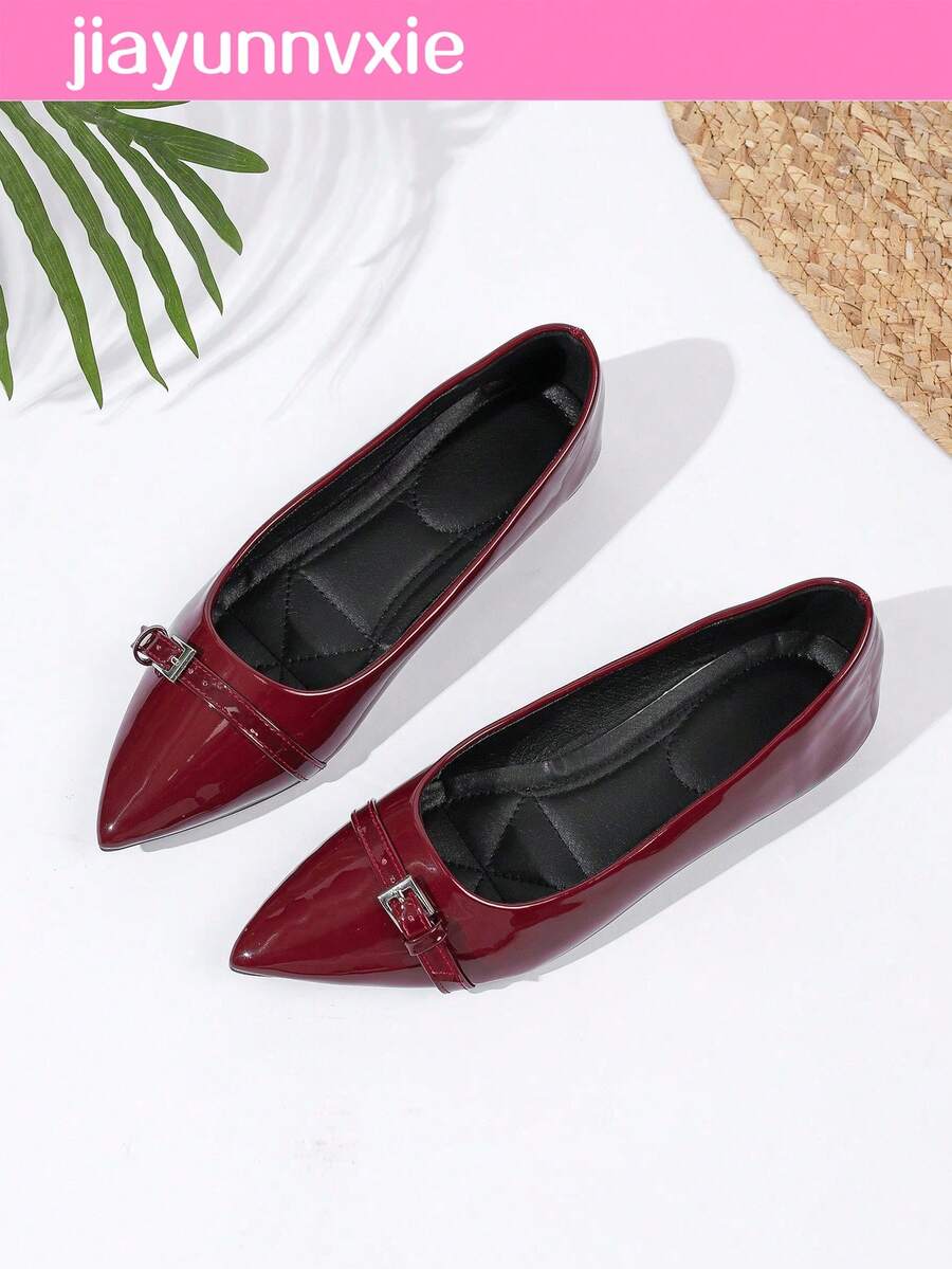 JiaYunNvXie 2025 Spring/Autumn New Work Mary Jane Shoes With Metal Chain, Pointed Toe, Low Vamp, Plus Size Women's Shoes