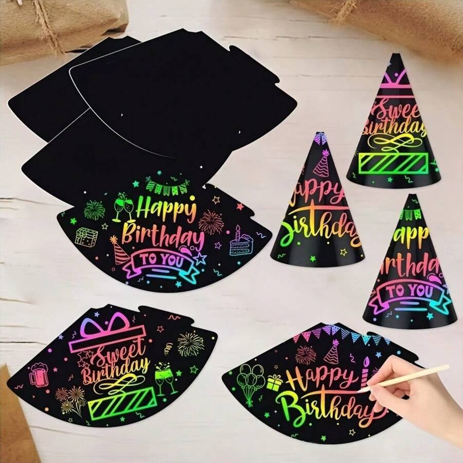 Colorful Scratch Card Party Hat Set - Cone Hats With Elastic Cord And Pen, For Creative Decoration And Group Interaction, 36pcs