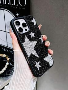 1 pièce Étui de protection pour téléphone avec trou pour objectif, entièrement clouté d'étoiles scintillantes, de style minimaliste et à la mode, compatible avec les séries 17, 16, 15 Pro Max, 14, 13, 12, 11 - Argent - Voir 1