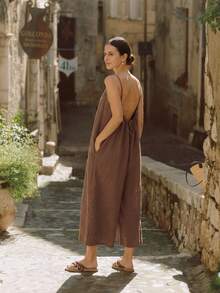 Summer Women's Fashionable Solid Color Sexy Camisole Backless Ruched Tie-Up Loose Sleeveless Vacation Style Jumpsuit With 9/10 Length Pants - Brown - View 7
