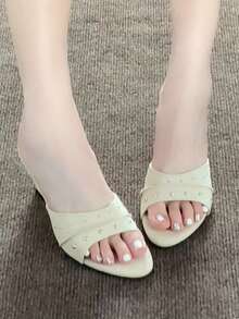 Women's Comfortable Height-Increasing Rivet Decor Solid Color Open Toe Mule Shoes Thick Sole Wedge Heel Sandals Slippers Minimalist Korean Style Daily Beach Summer Beige Faux Suede Wedge Mule Slippers - White - View 8