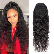 BINF Deep Water Wave Drawstring Ponytail Human Hair Extensions Brazilian Remy #1B Natural Black Hairpiece Clip In Pony Tail Daily Use Change Hair Style - Natural Black - View 2