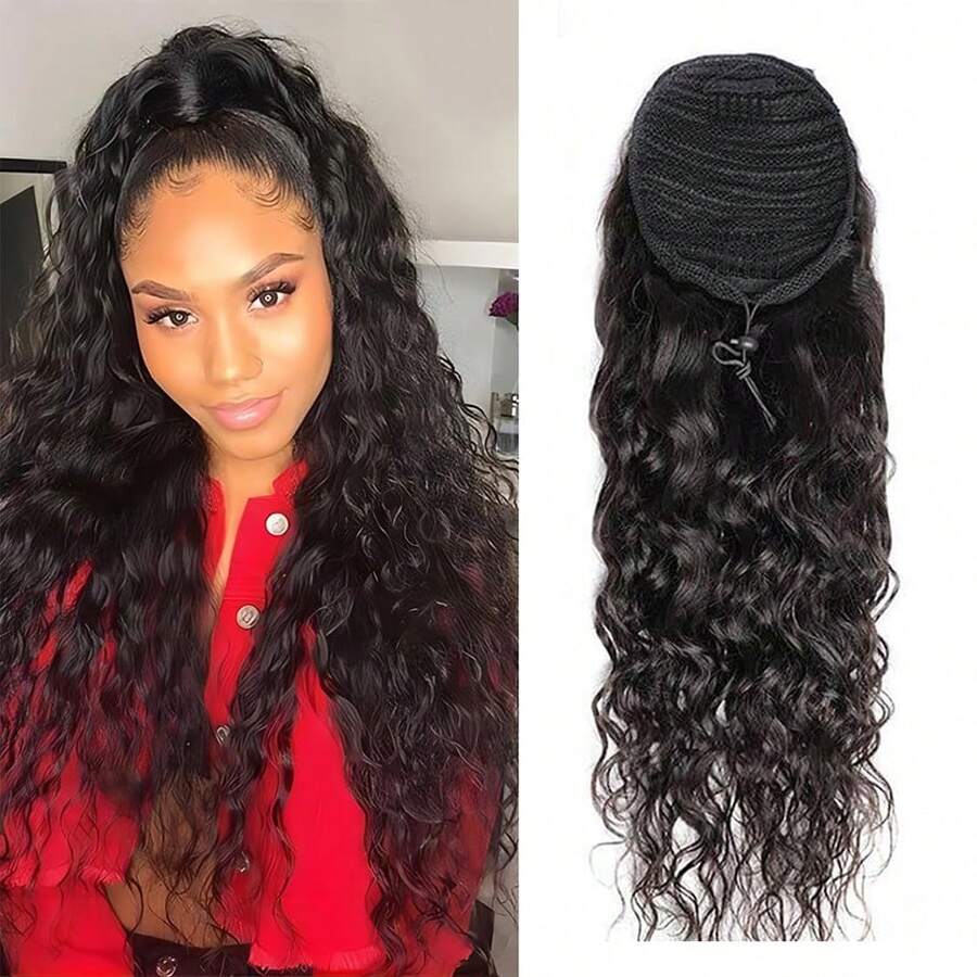 BINF Deep Water Wave Drawstring Ponytail Human Hair Extensions Brazilian Remy #1B Natural Black Hairpiece Clip In Pony Tail Daily Use Change Hair Style